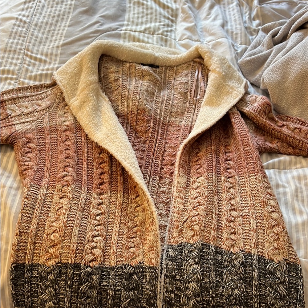 Cream and Brown Cable Knit Cardigan Sweater